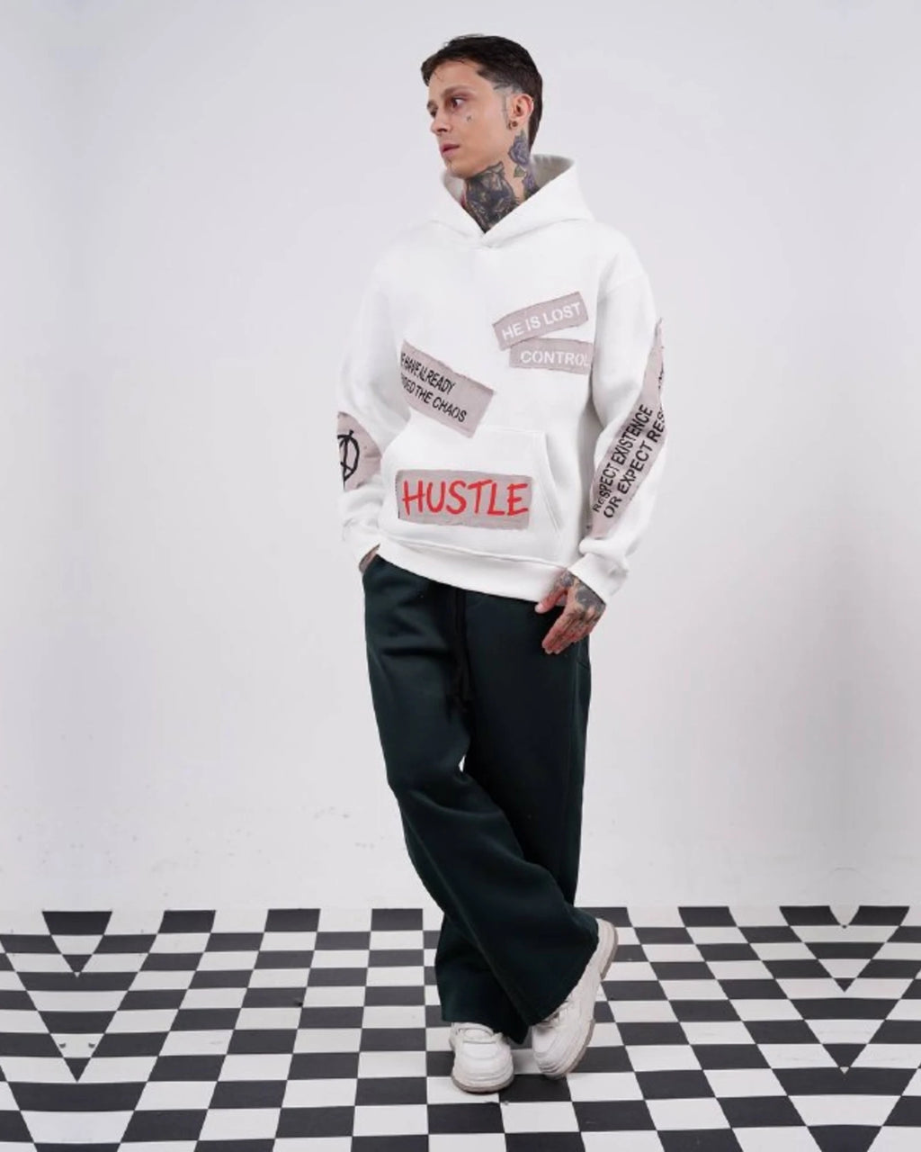 Ended the Chaos oversized patchwork slogan hoodie in off white, photo 5
