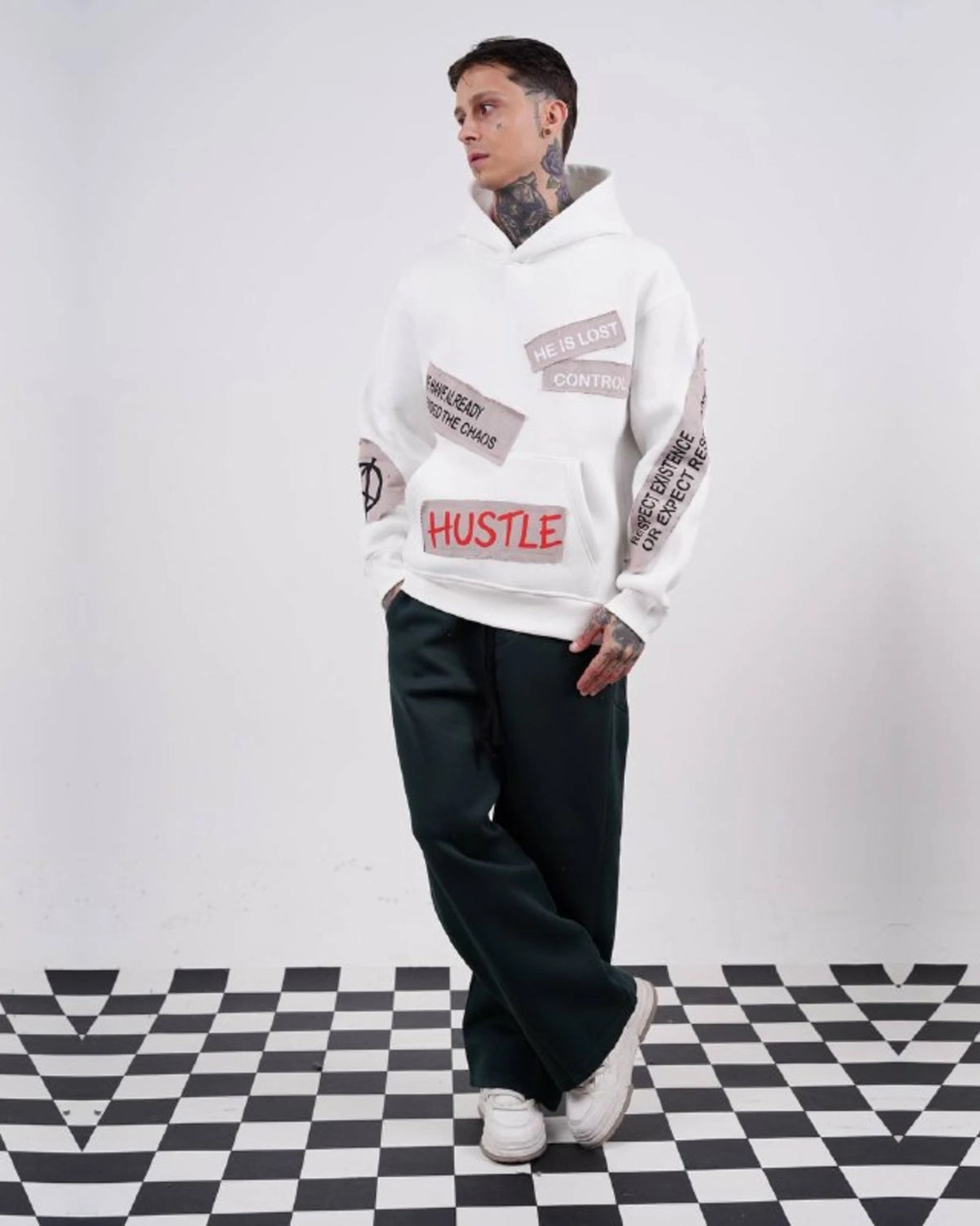 Ended the Chaos oversized patchwork slogan hoodie in off white, photo 5