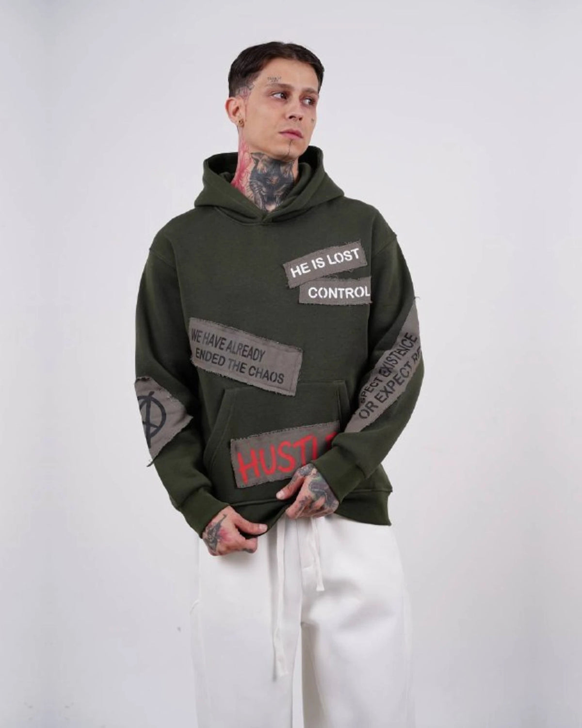 Ended the Chaos oversized patchwork slogan hoodie in olive green, photo 1