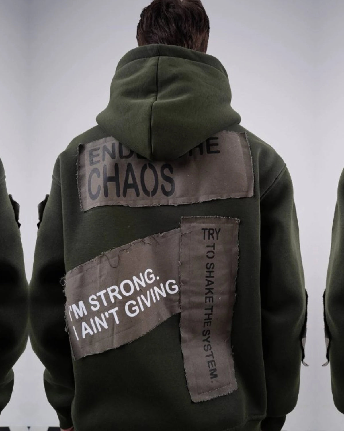 Ended the Chaos oversized patchwork slogan hoodie in olive green, photo 2