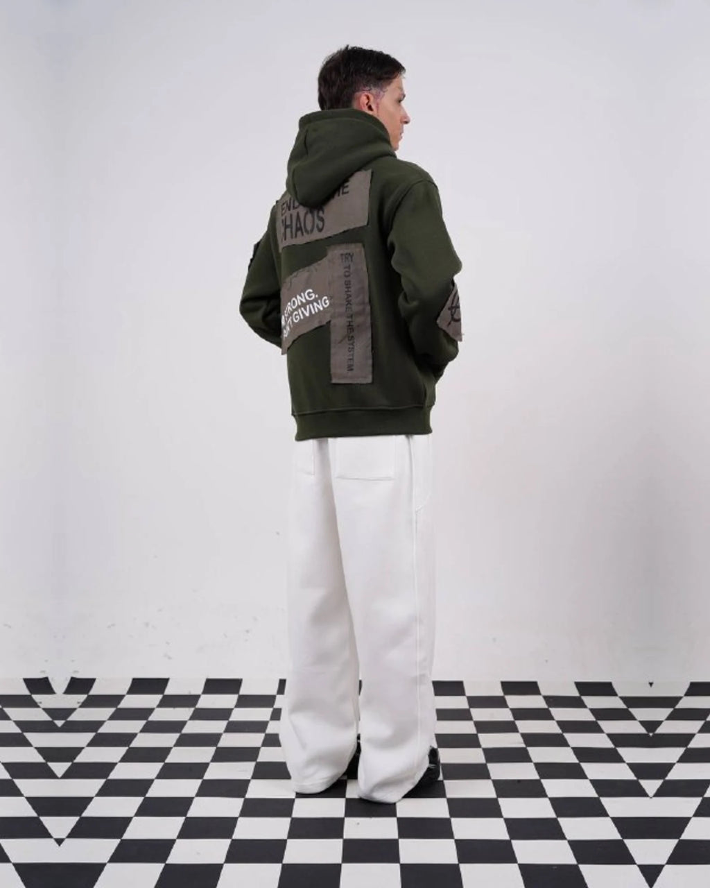 Ended the Chaos oversized patchwork slogan hoodie in olive green, photo 5