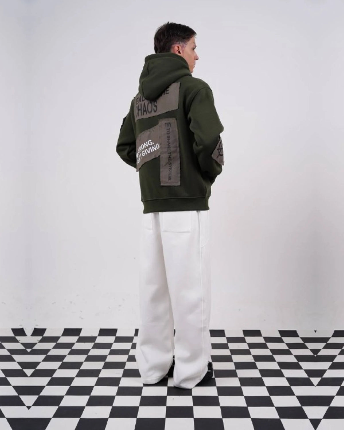 Ended the Chaos oversized patchwork slogan hoodie in olive green, photo 5