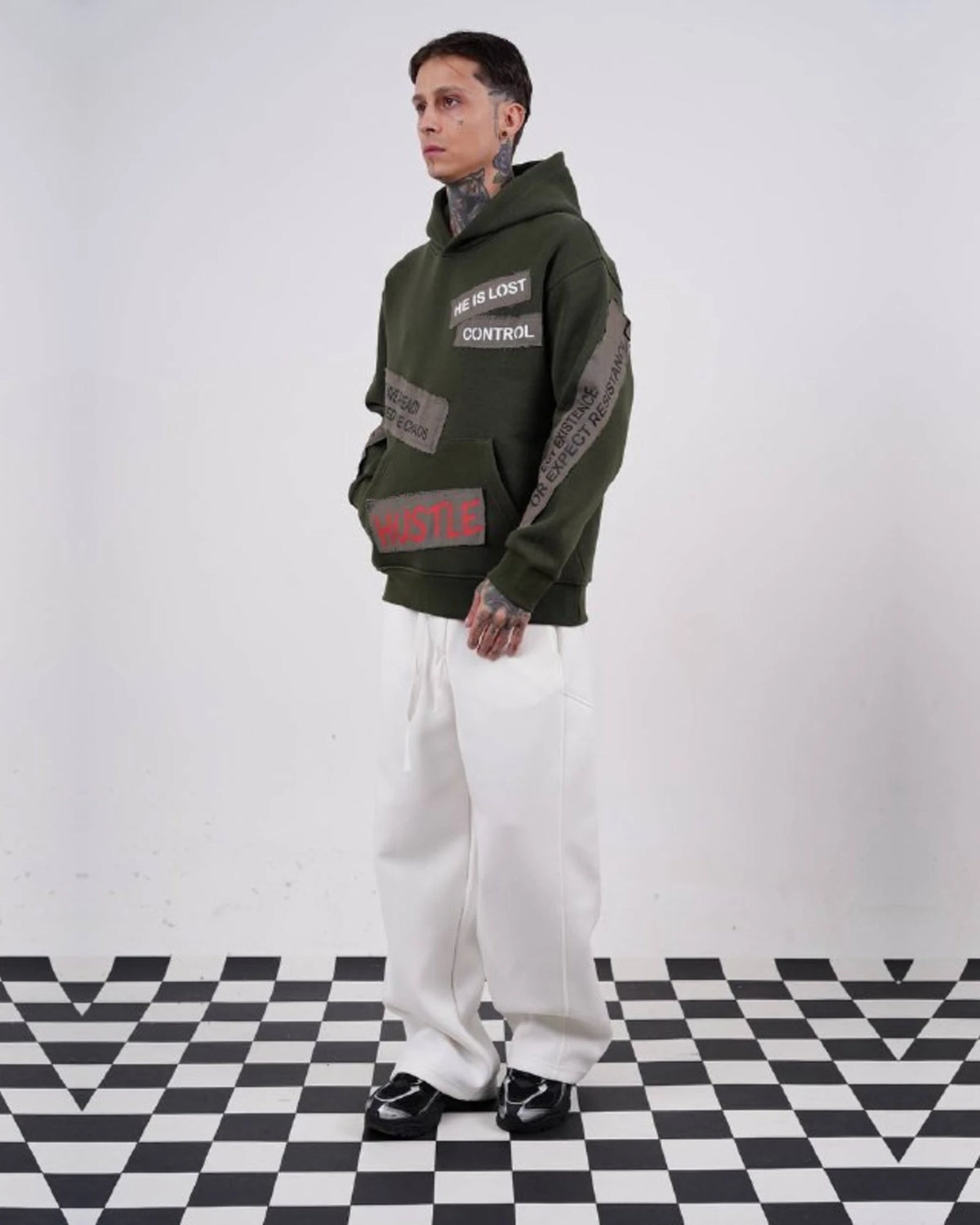 Ended the Chaos oversized patchwork slogan hoodie in olive green, photo 6