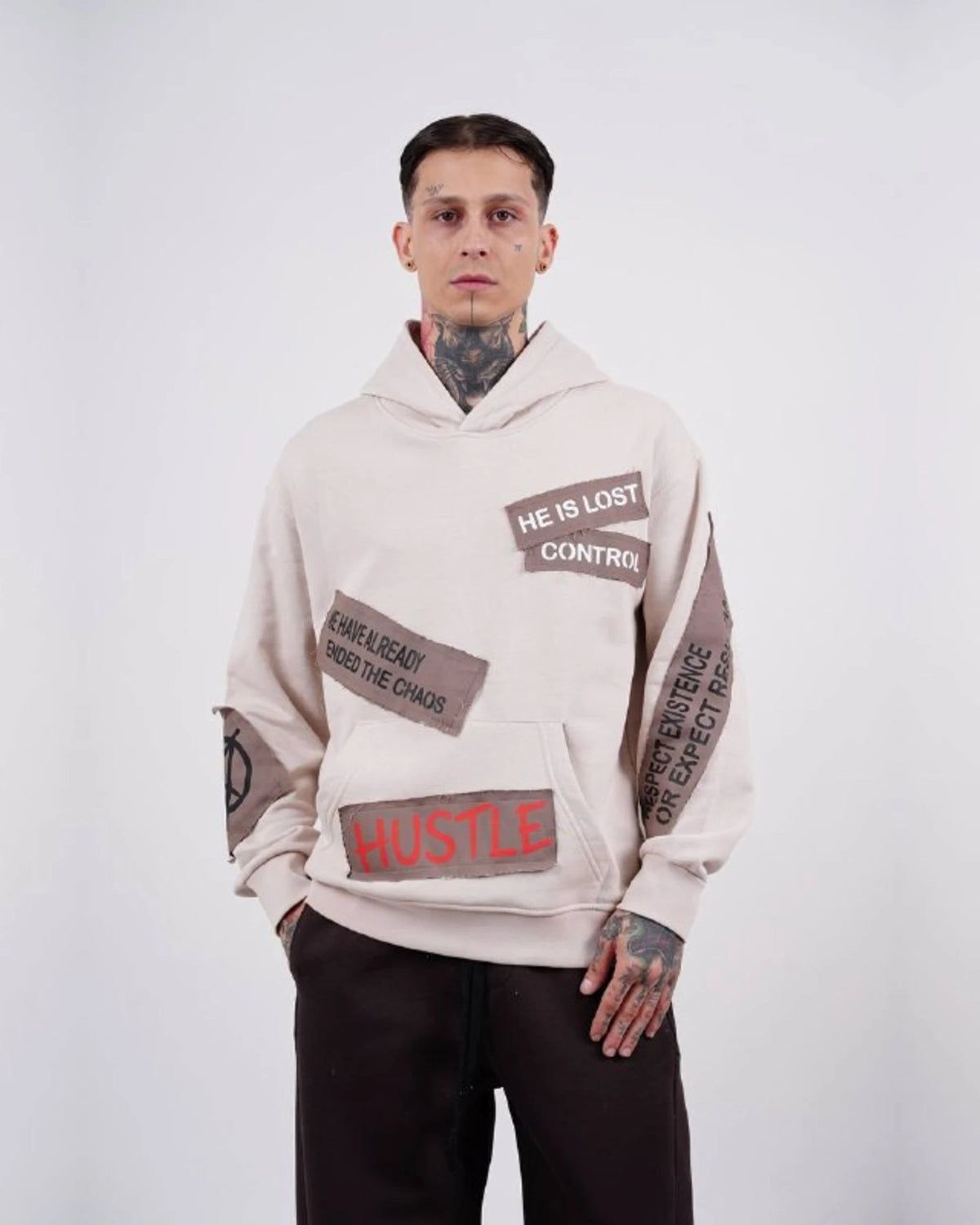 Ended the Chaos oversized patchwork slogan hoodie in stone, photo 1