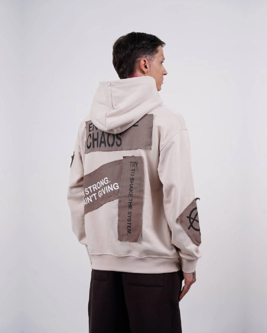 Ended the Chaos oversized patchwork slogan hoodie in stone, photo 2