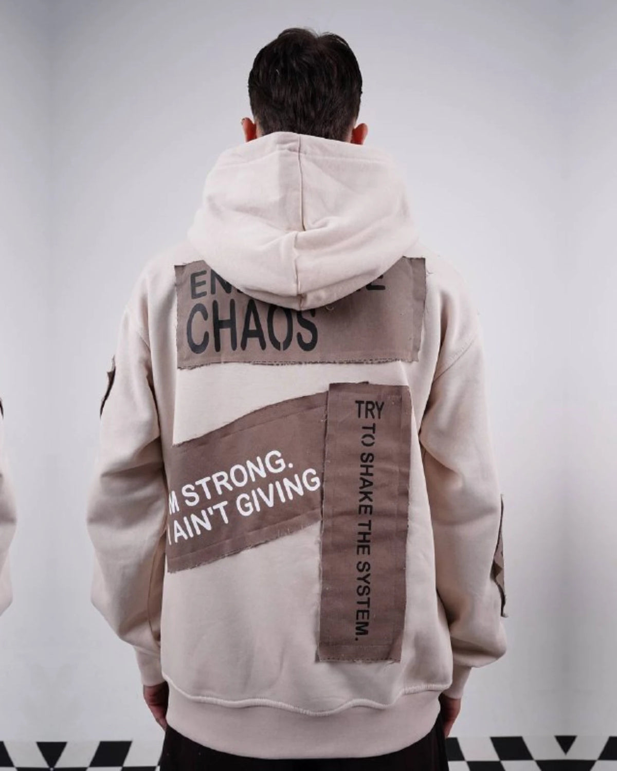 Ended the Chaos oversized patchwork slogan hoodie in stone, photo 3