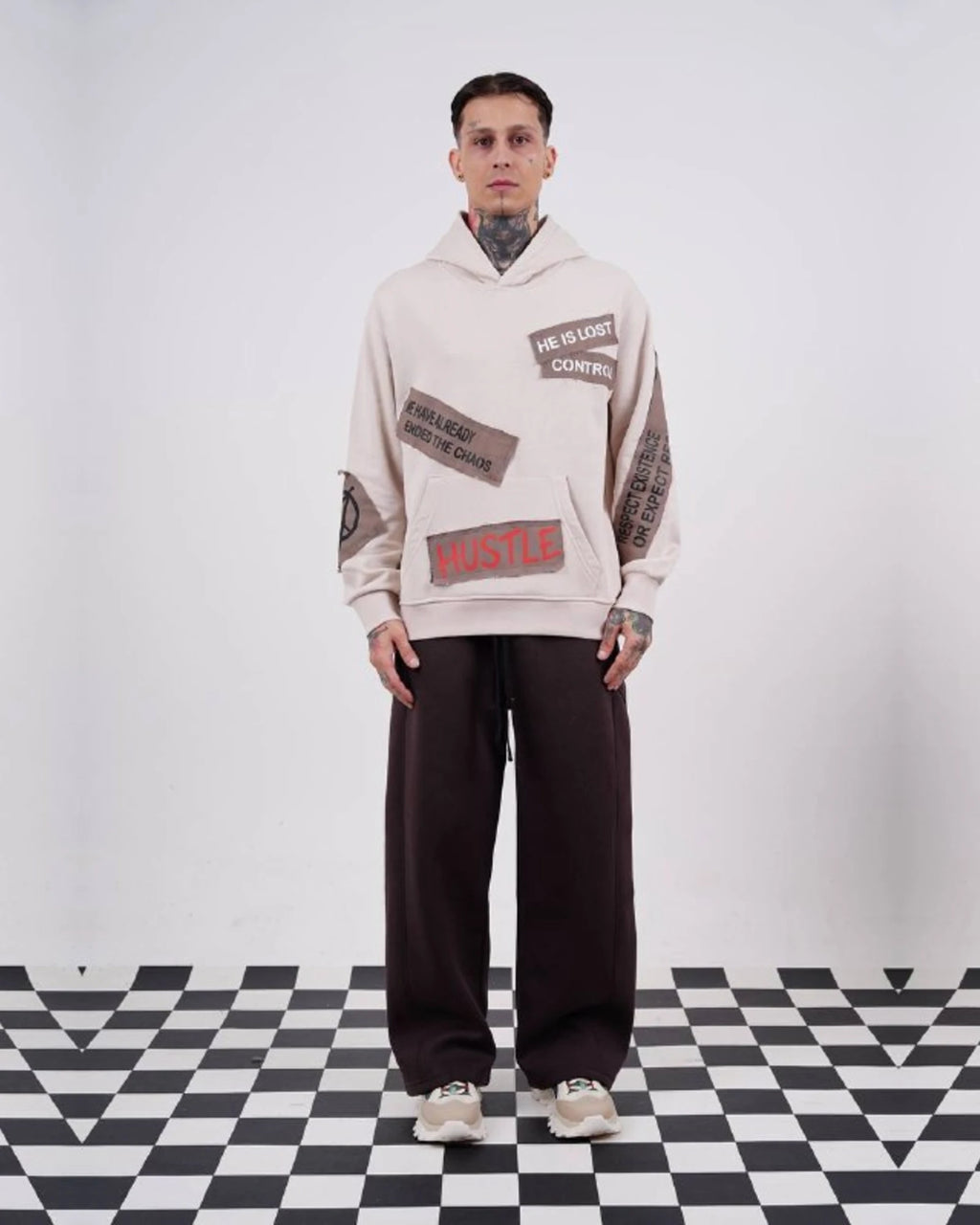 Ended the Chaos oversized patchwork slogan hoodie in stone, photo 4