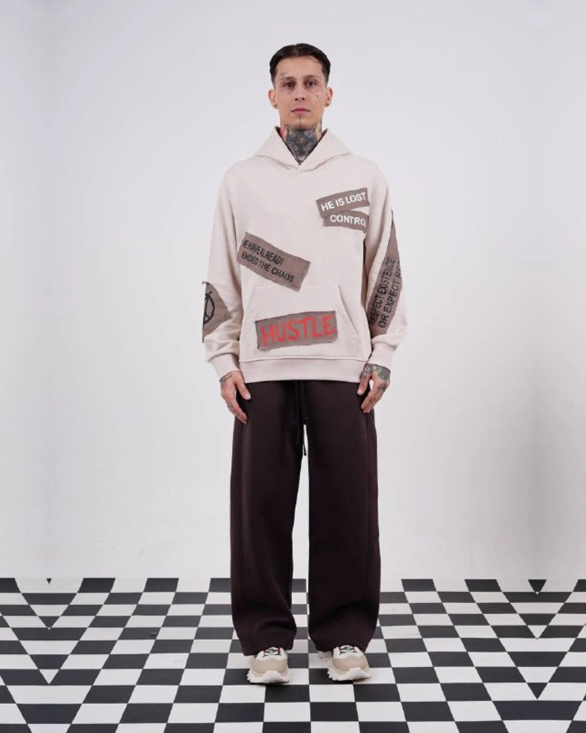 Ended the Chaos oversized patchwork slogan hoodie in stone, photo 4