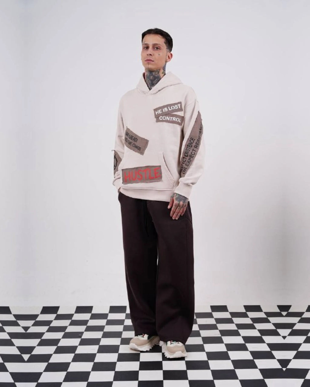 Ended the Chaos oversized patchwork slogan hoodie in stone, photo 5