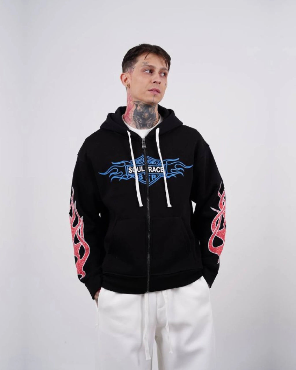 Flame sleeve oversized zip-up hoodie in black, photo 1