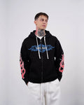 Flame sleeve oversized zip-up hoodie in black, photo 1