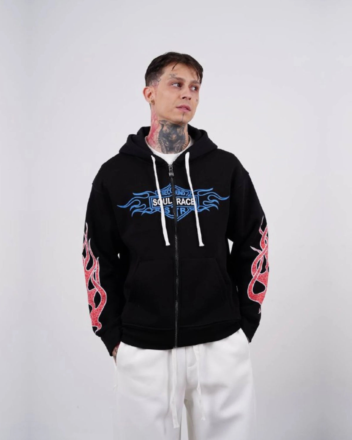 Flame sleeve oversized zip-up hoodie in black, photo 1