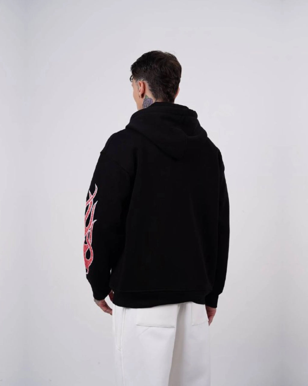 Flame sleeve oversized zip-up hoodie in black, photo 2
