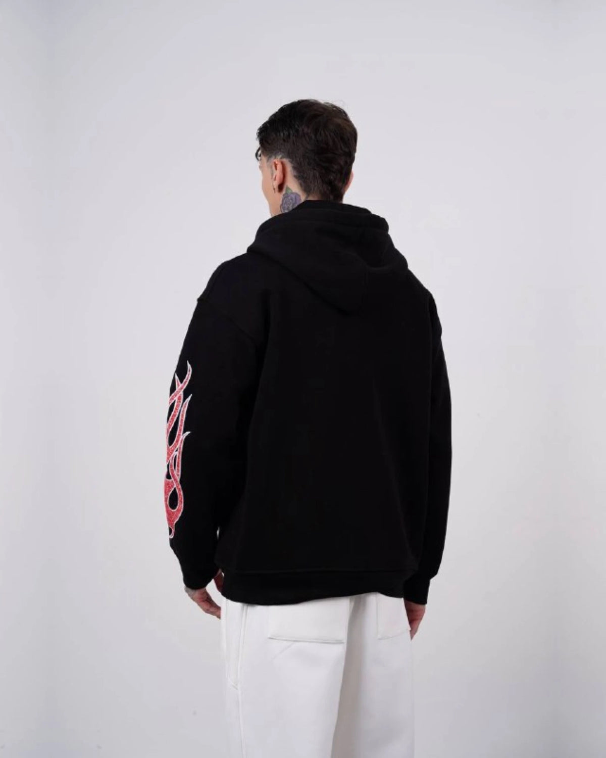 Flame sleeve oversized zip-up hoodie in black, photo 2