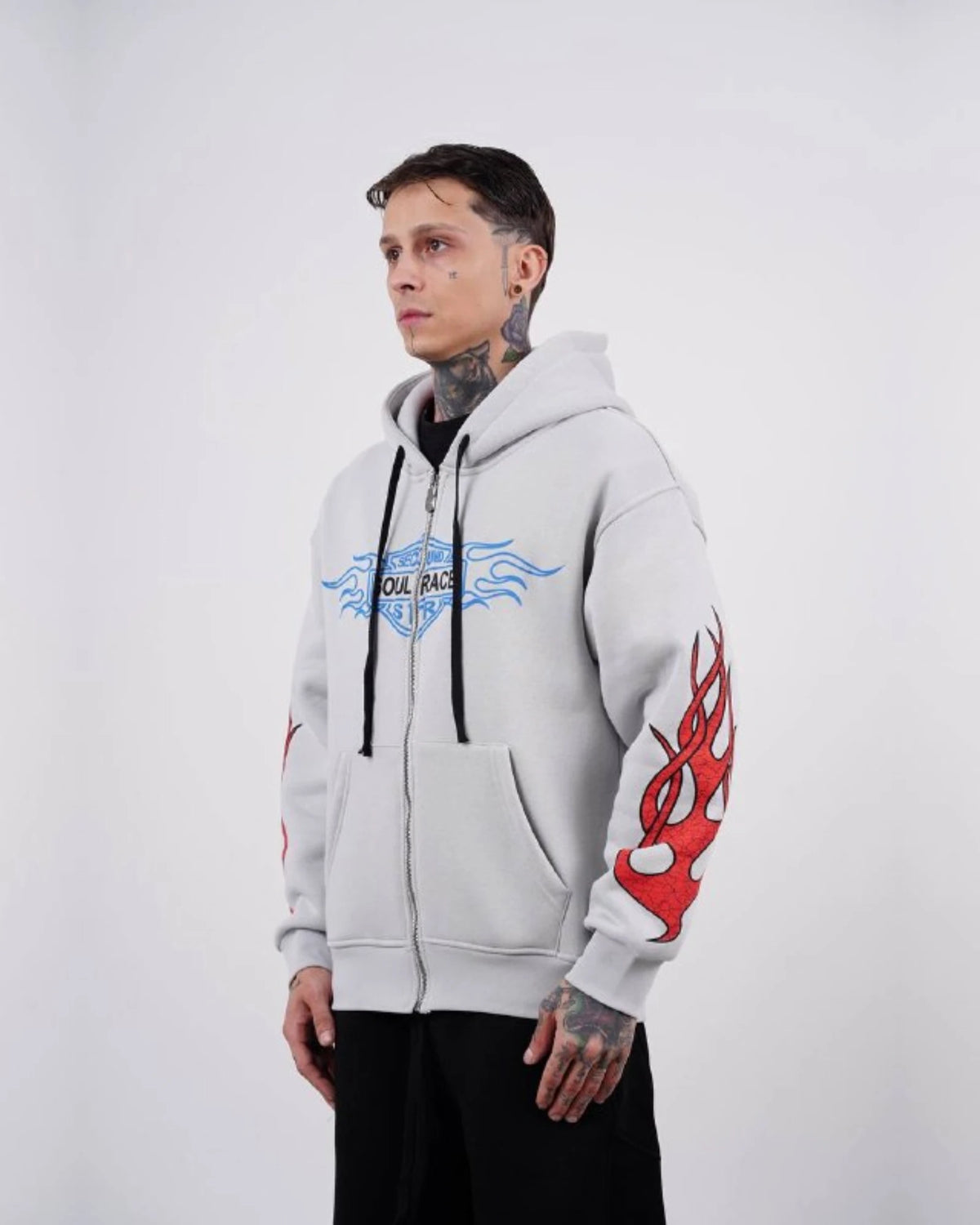 Flame sleeve oversized zip-up hoodie in light gray, photo 2
