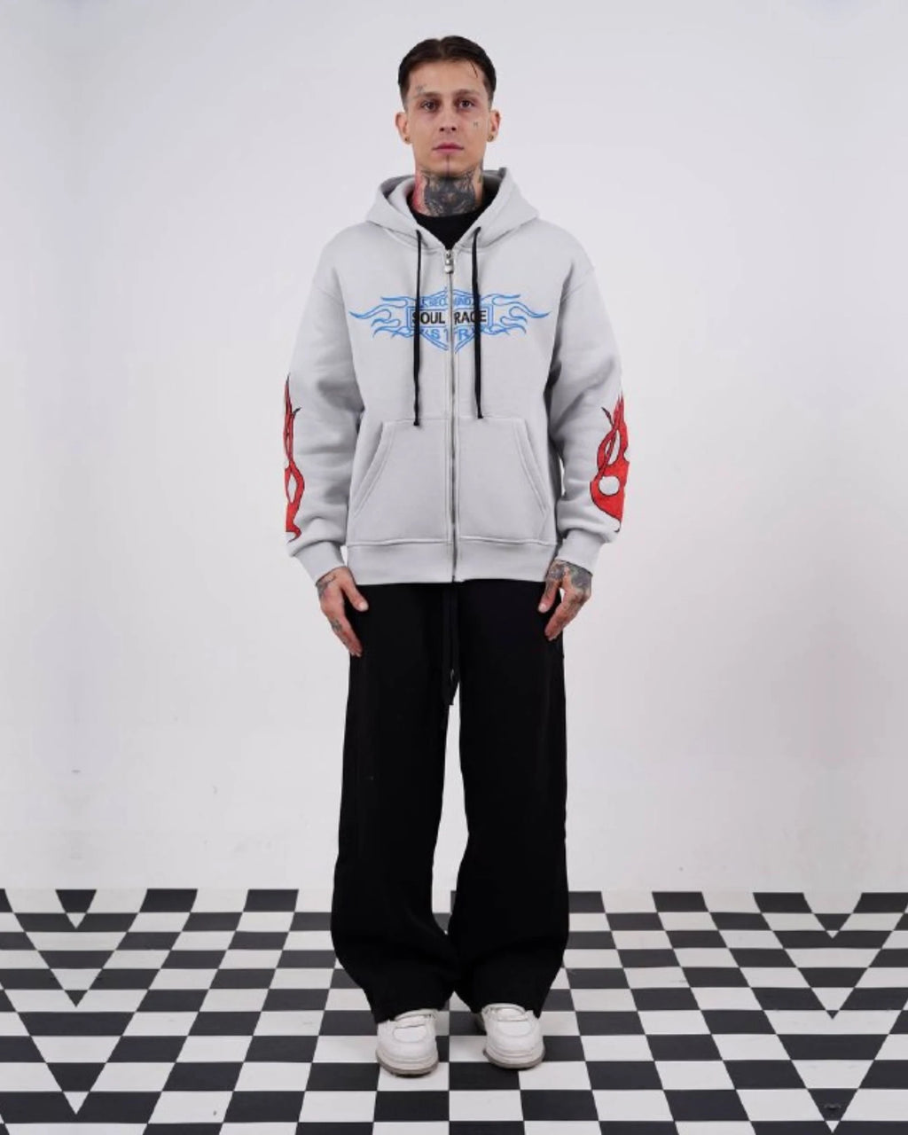 Flame sleeve oversized zip-up hoodie in light gray, photo 4