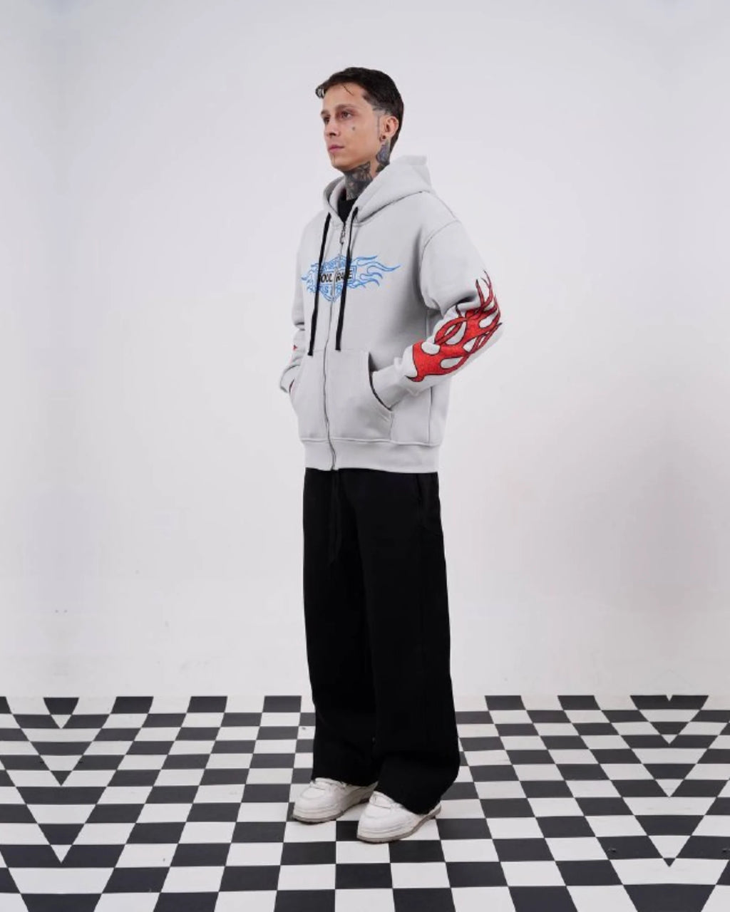 Flame sleeve oversized zip-up hoodie in light gray, photo 5