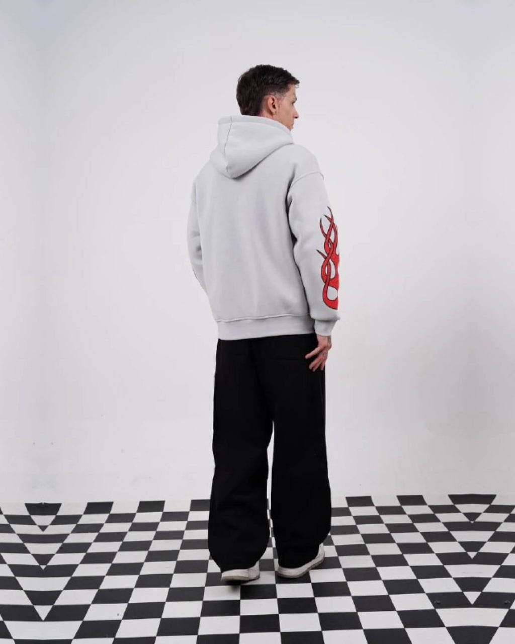 Flame sleeve oversized zip-up hoodie in light gray, photo 6