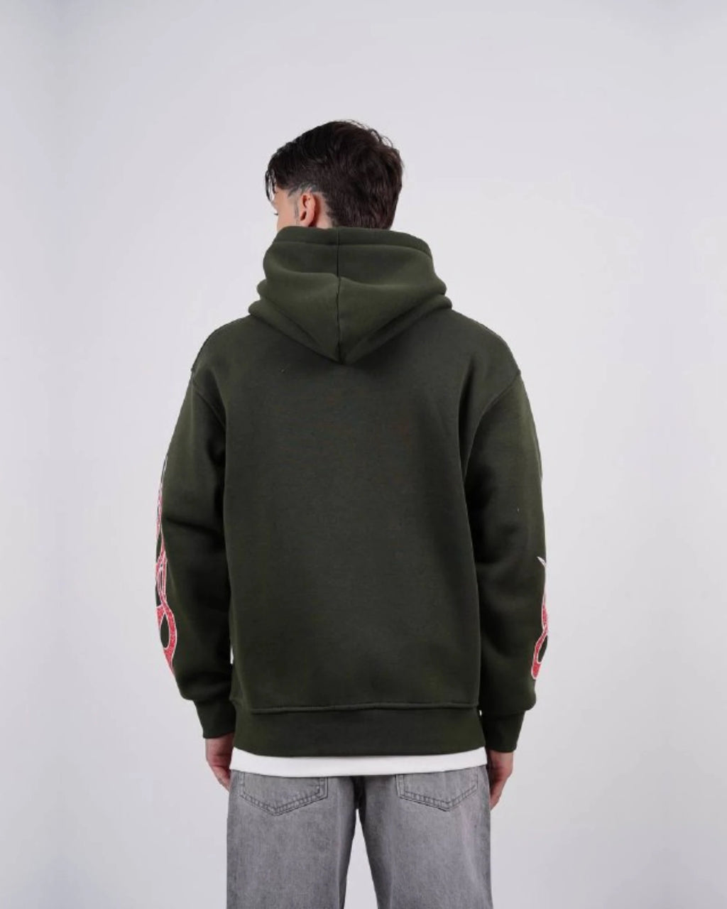 Flame sleeve oversized zip-up hoodie in olive green, photo 2