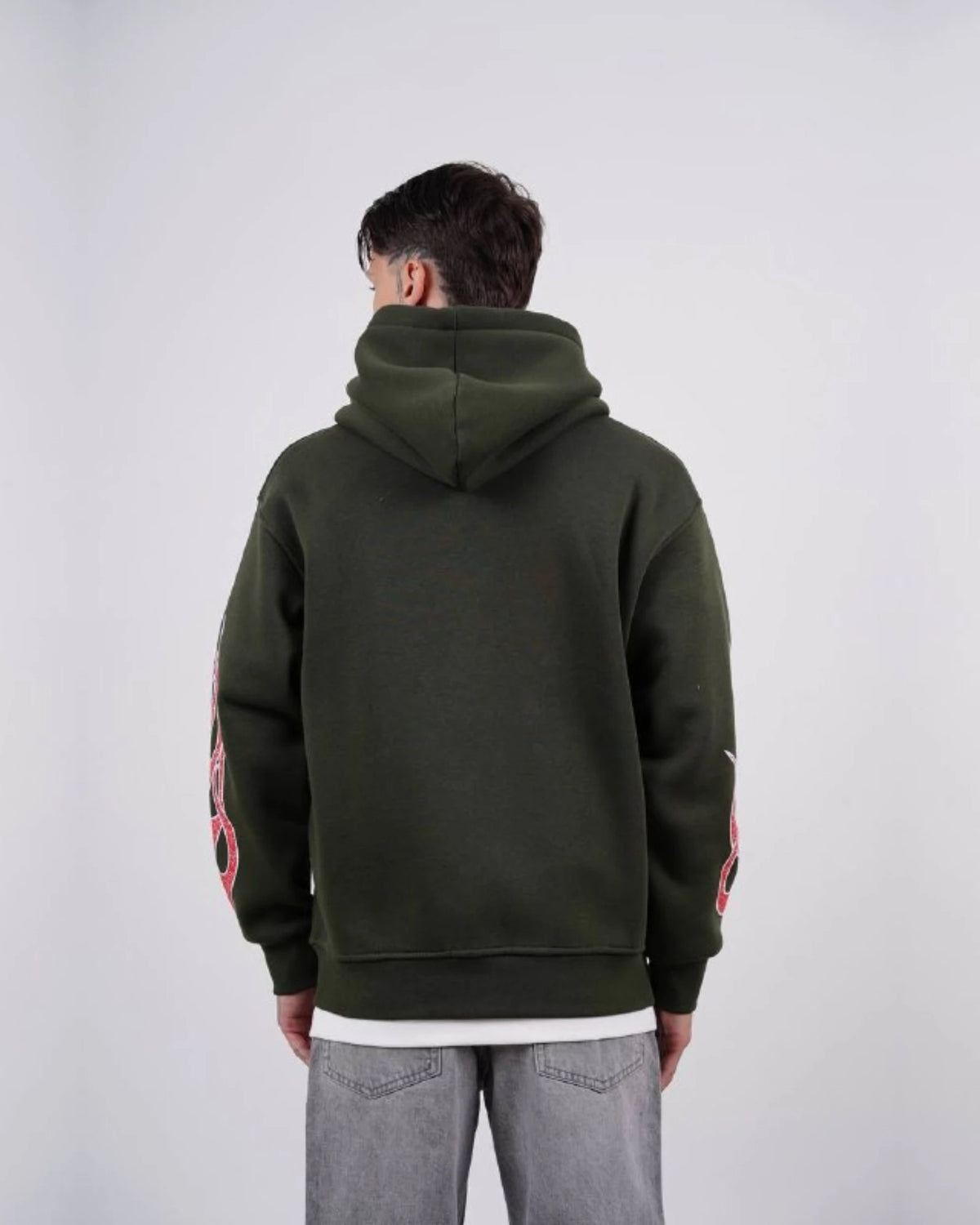 Flame sleeve oversized zip-up hoodie in olive green, photo 2