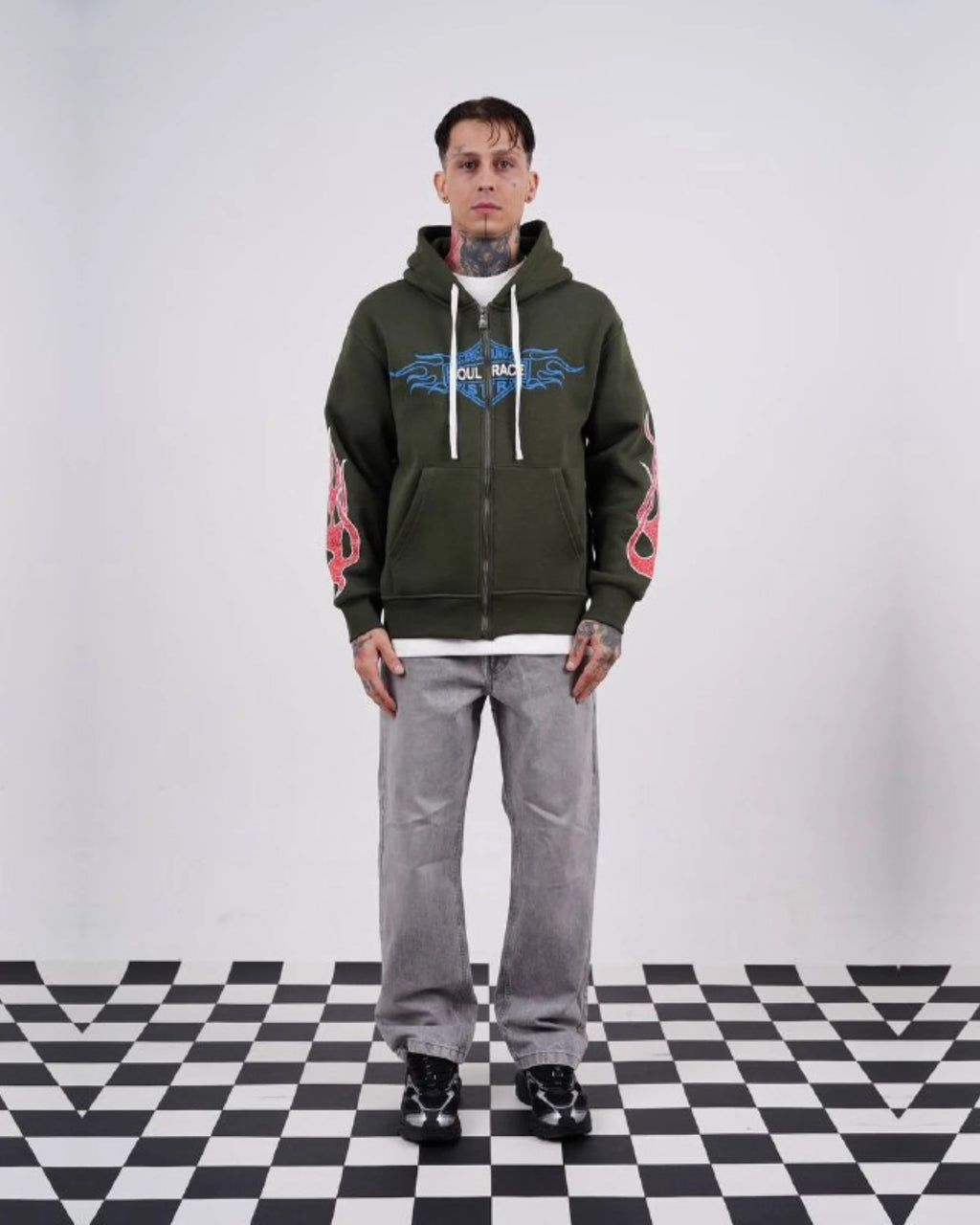 Flame sleeve oversized zip-up hoodie in olive green, photo 4