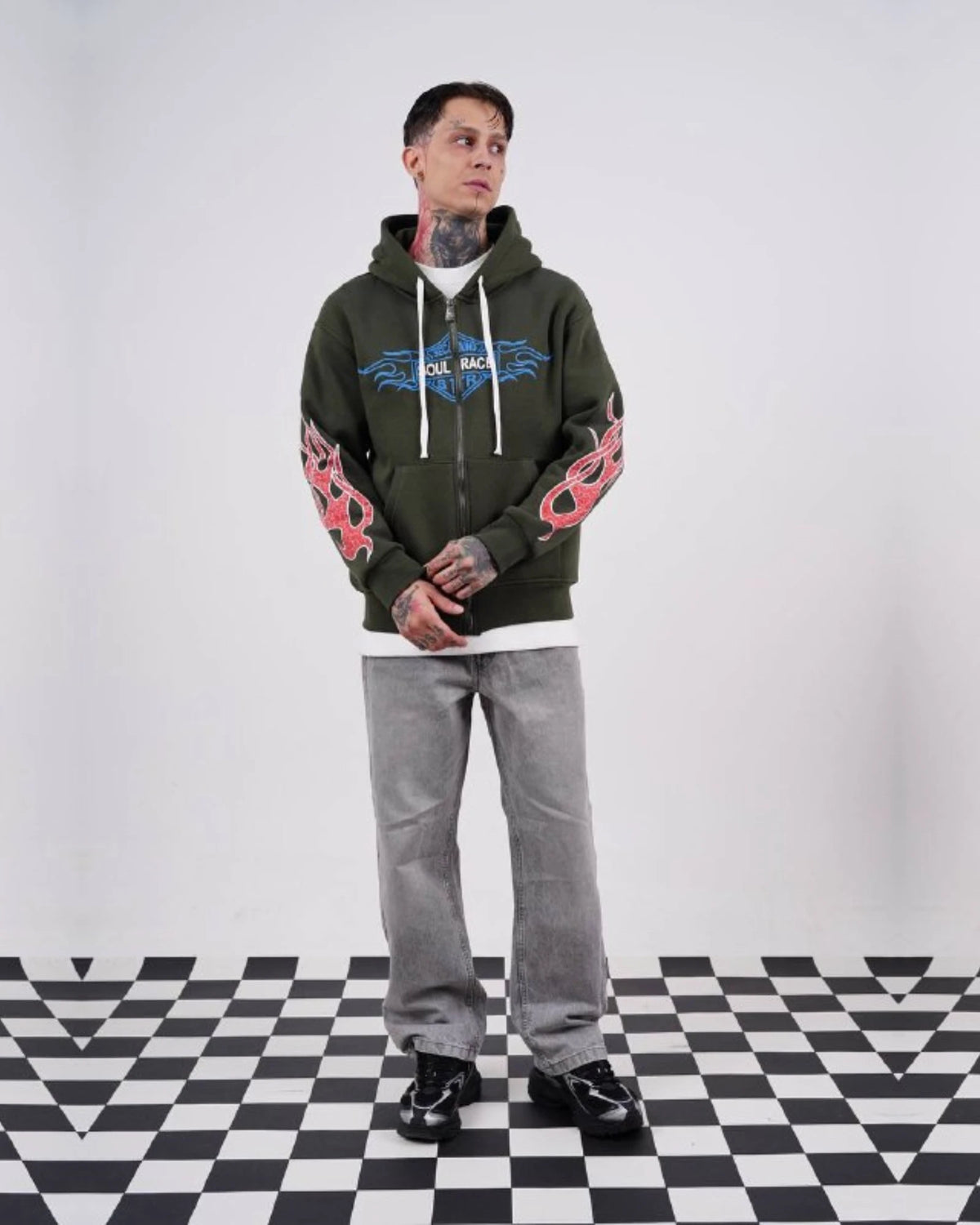 Flame sleeve oversized zip-up hoodie in olive green, photo 5