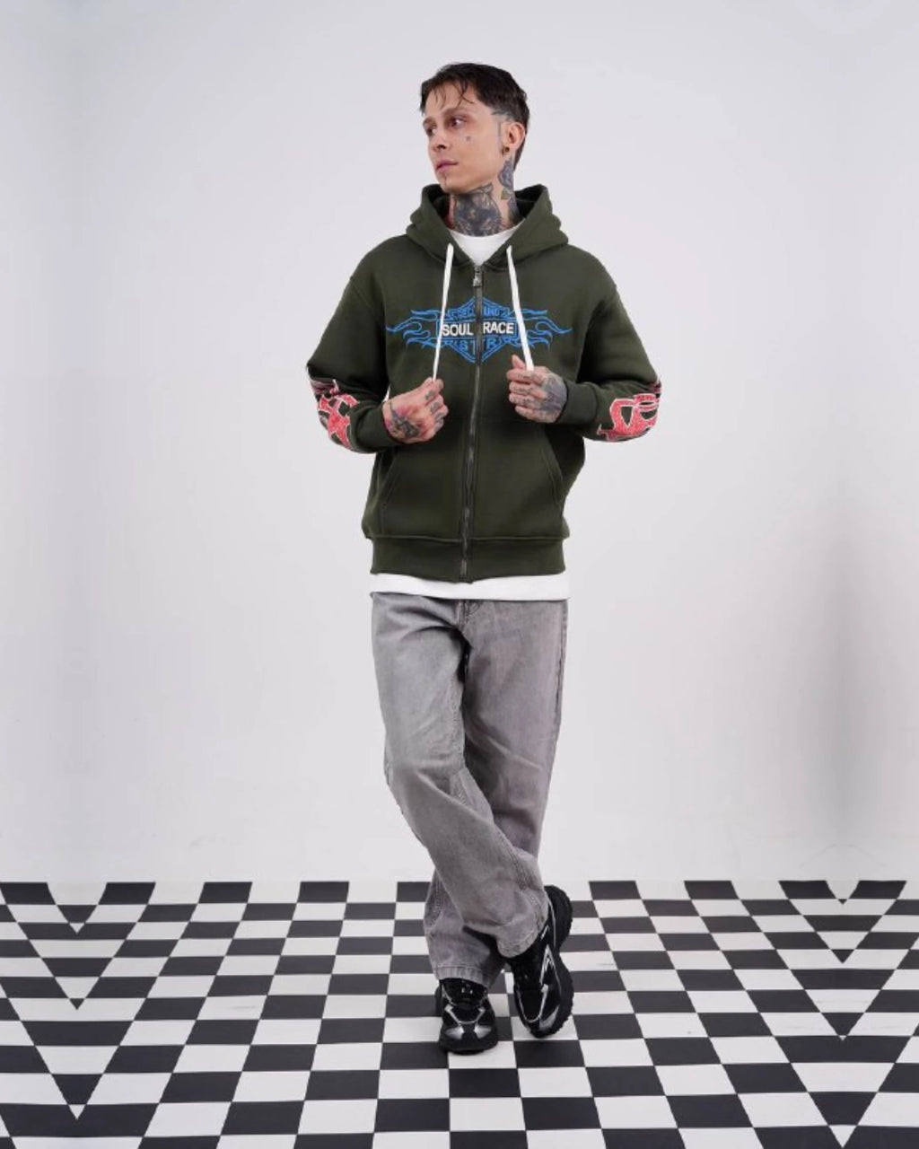 Flame sleeve oversized zip-up hoodie in olive green, photo 6