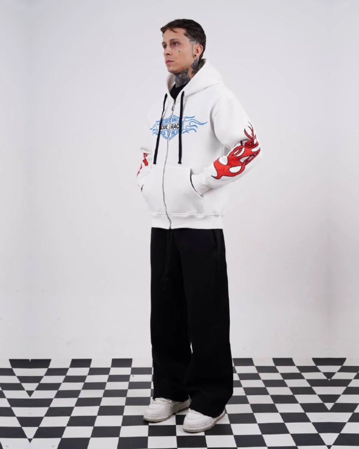 Flame sleeve oversized zip-up hoodie in white, photo 6