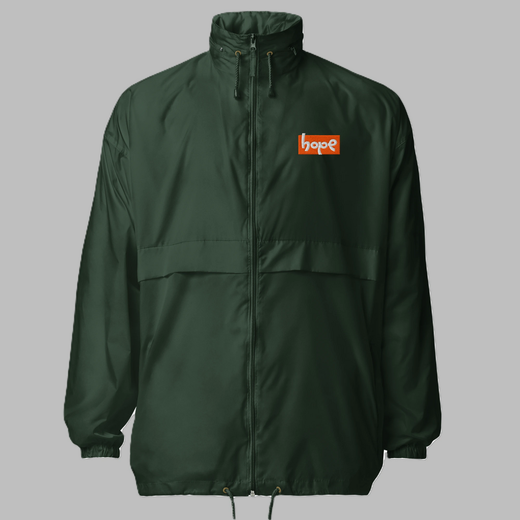 Forest green full-zip lightweight windbreaker jacket with orange Hope chest logo graphic front view