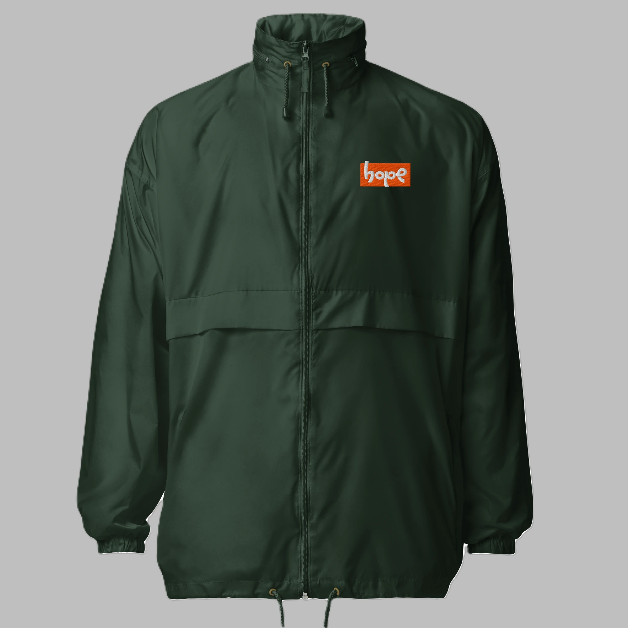 Forest green full-zip lightweight windbreaker jacket with orange Hope chest logo graphic front view
