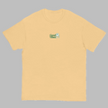 Pastel yellow crewneck t-shirt with small green Good Vibes chest logo graphic print front view