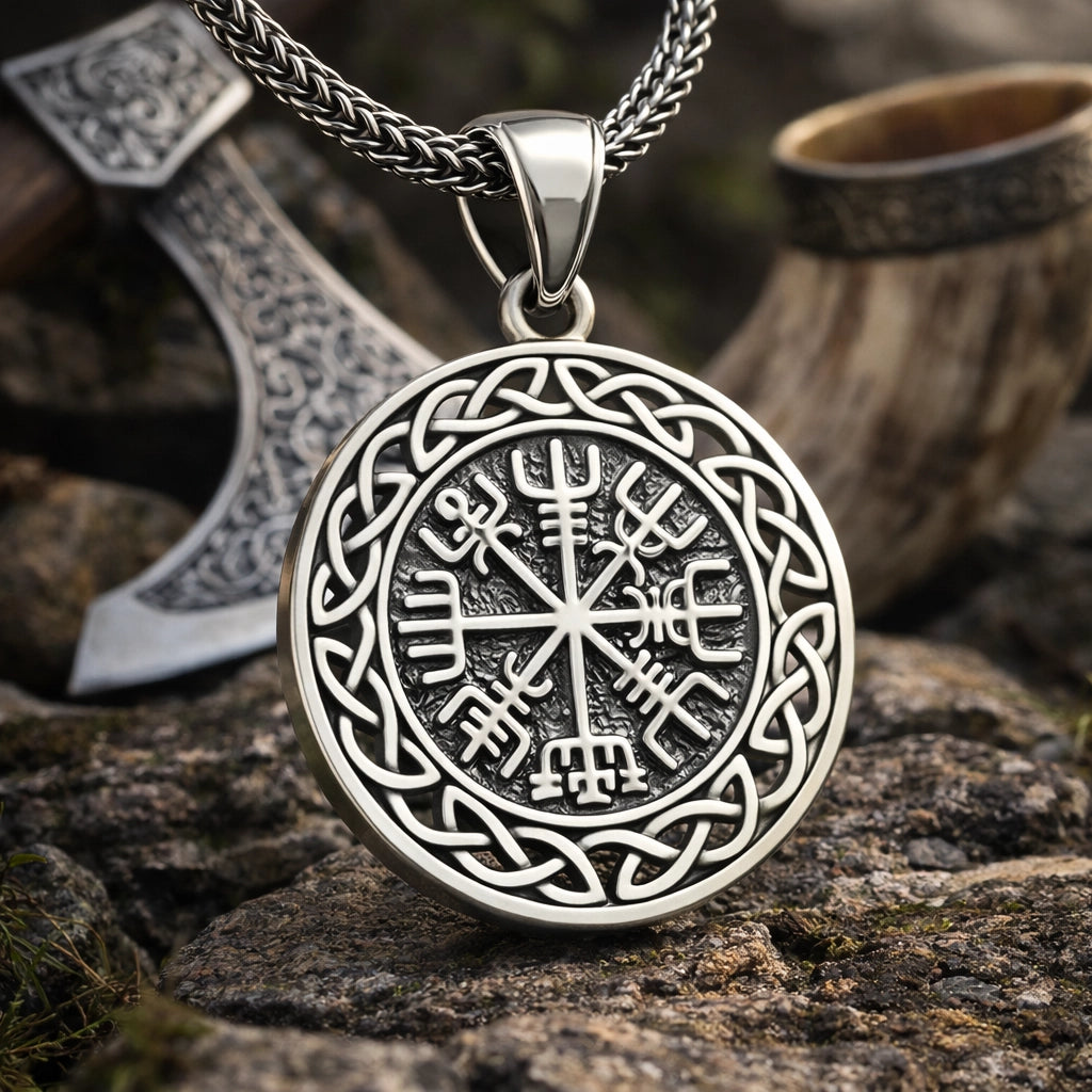 925 sterling silver Vegvisir wayfinder pendant on stone with Norse axe