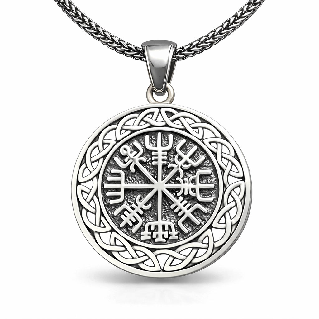 Vegvisir Viking compass sterling silver pendant necklace for men with braided ring border