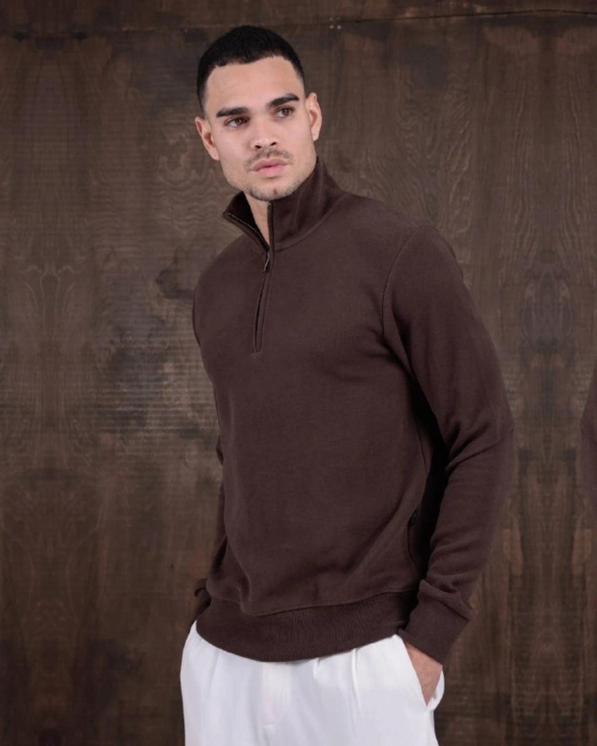 Half-Zip Mock Neck Textured Sweatshirt in brown, photo 1