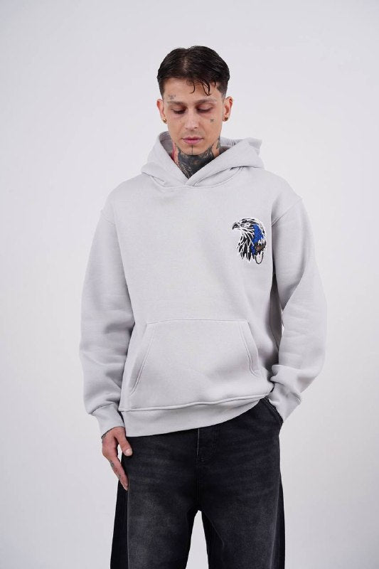 Blue Eagle Wings Graphic Oversized Hoodie in Grey - front view