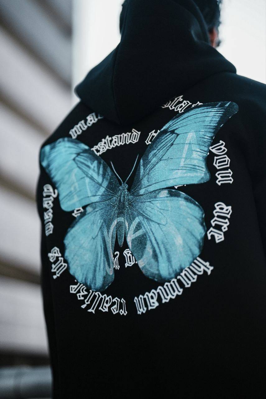 Oversize 'Human Realist Butterfly' Graphic Hoodie - Abstract Streetwear Sweatshirt
