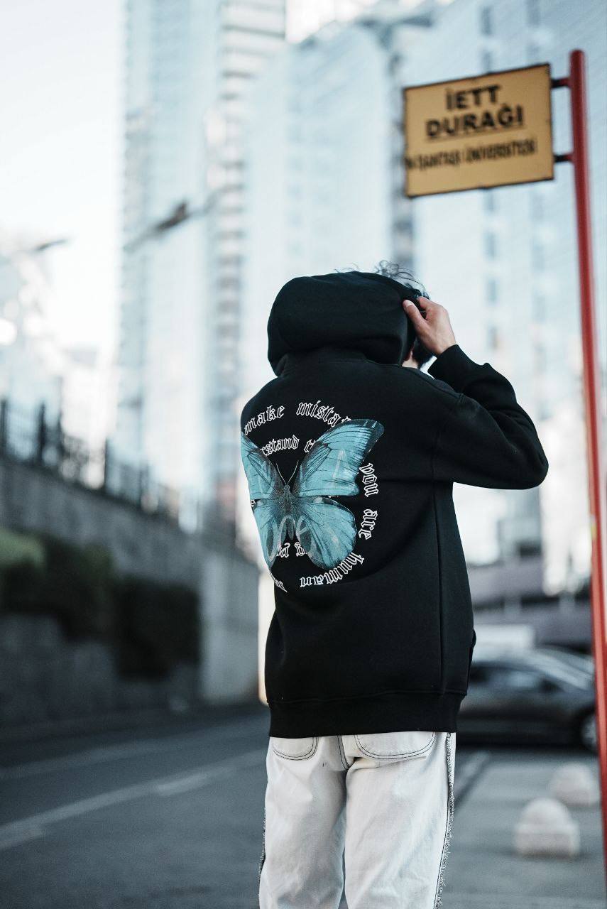 Oversize 'Human Realist Butterfly' Graphic Hoodie - Abstract Streetwear Sweatshirt