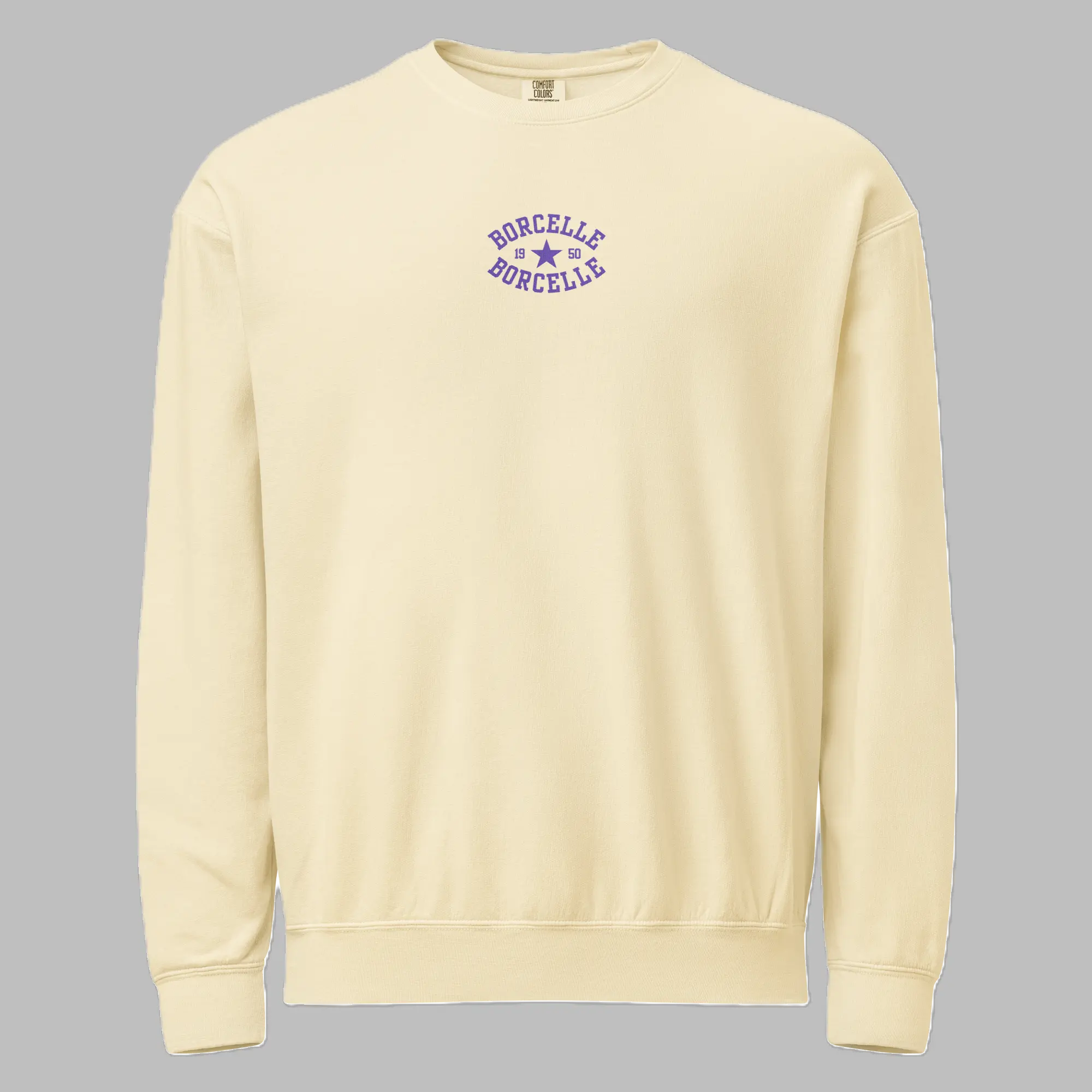 Ivory crewneck sweatshirt with purple Borcelle graphic logo on the front