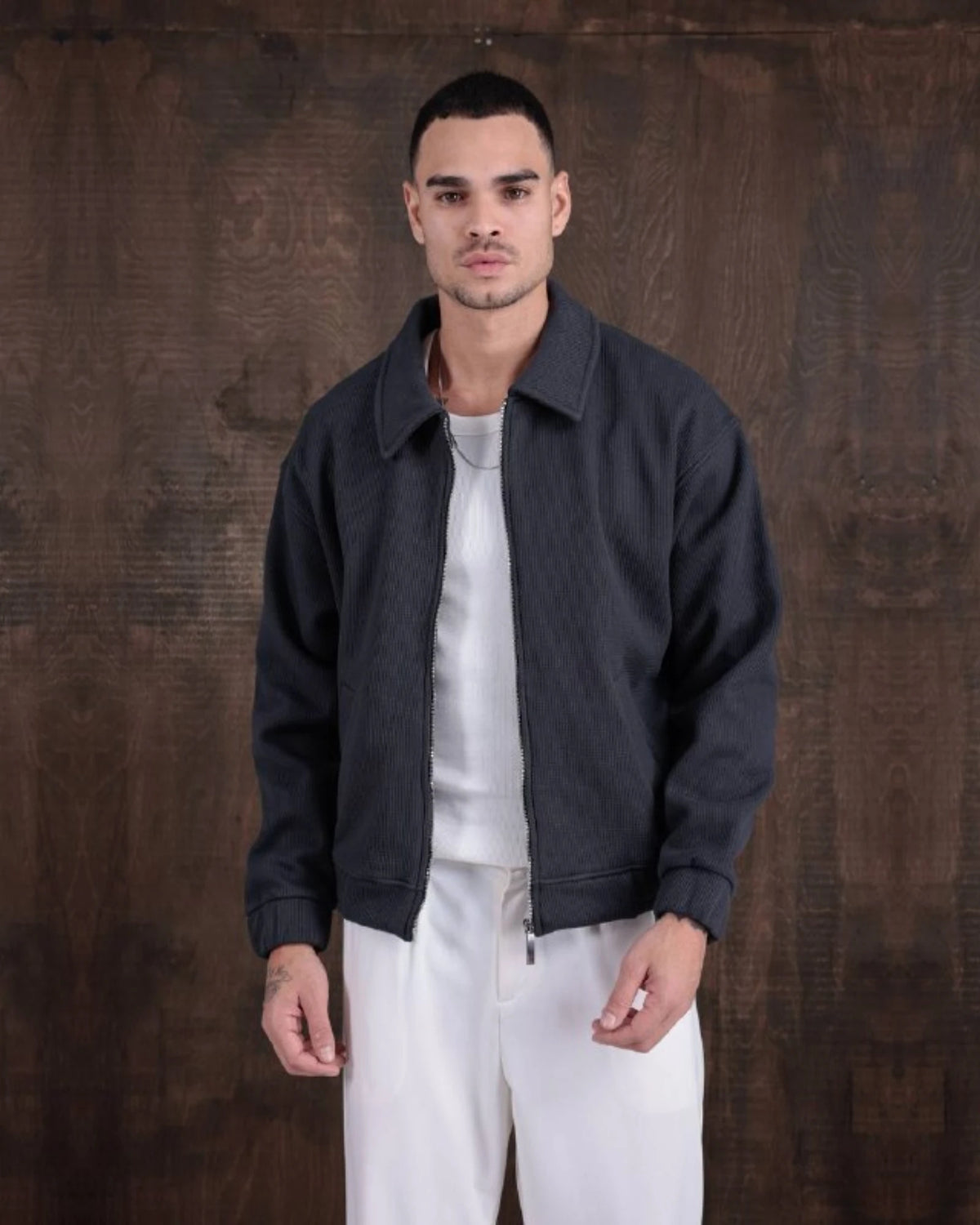 Laminated Waffle Shirt Collar Zip Jacket in anthracite, photo 1