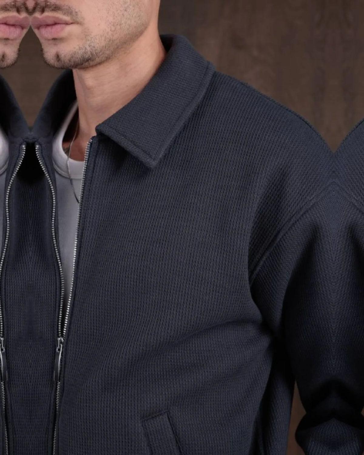 Laminated Waffle Shirt Collar Zip Jacket in anthracite, photo 2