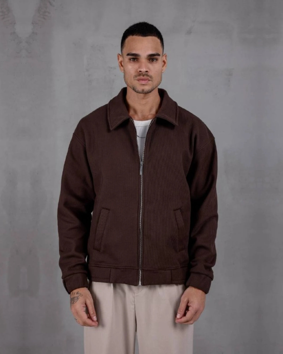 Laminated Waffle Shirt Collar Zip Jacket in brown, photo 1