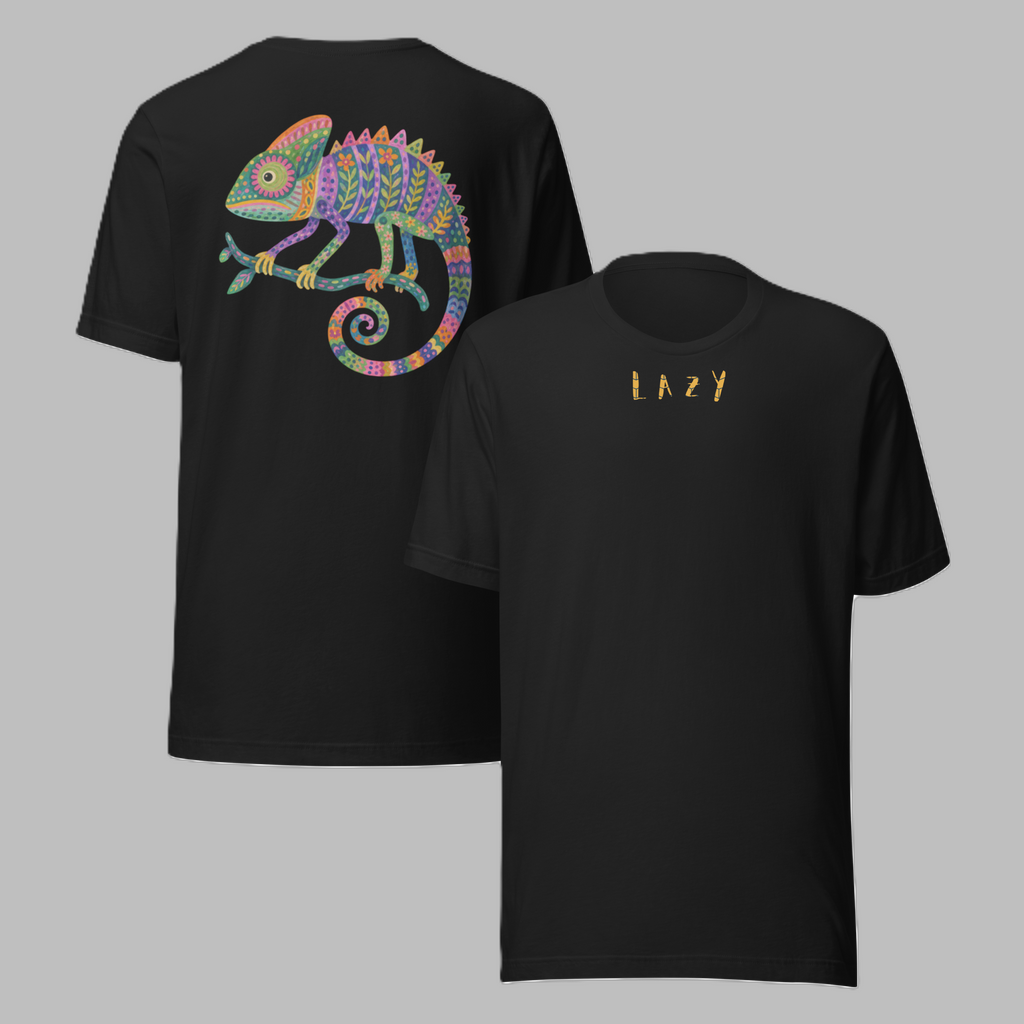 Lazy Chameleon Graphic Tee – Black, front view
