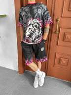 Lion Blaze Men's Graphic Tee & Flame Shorts Set – Fiery Streetwear with Bold Lion Print