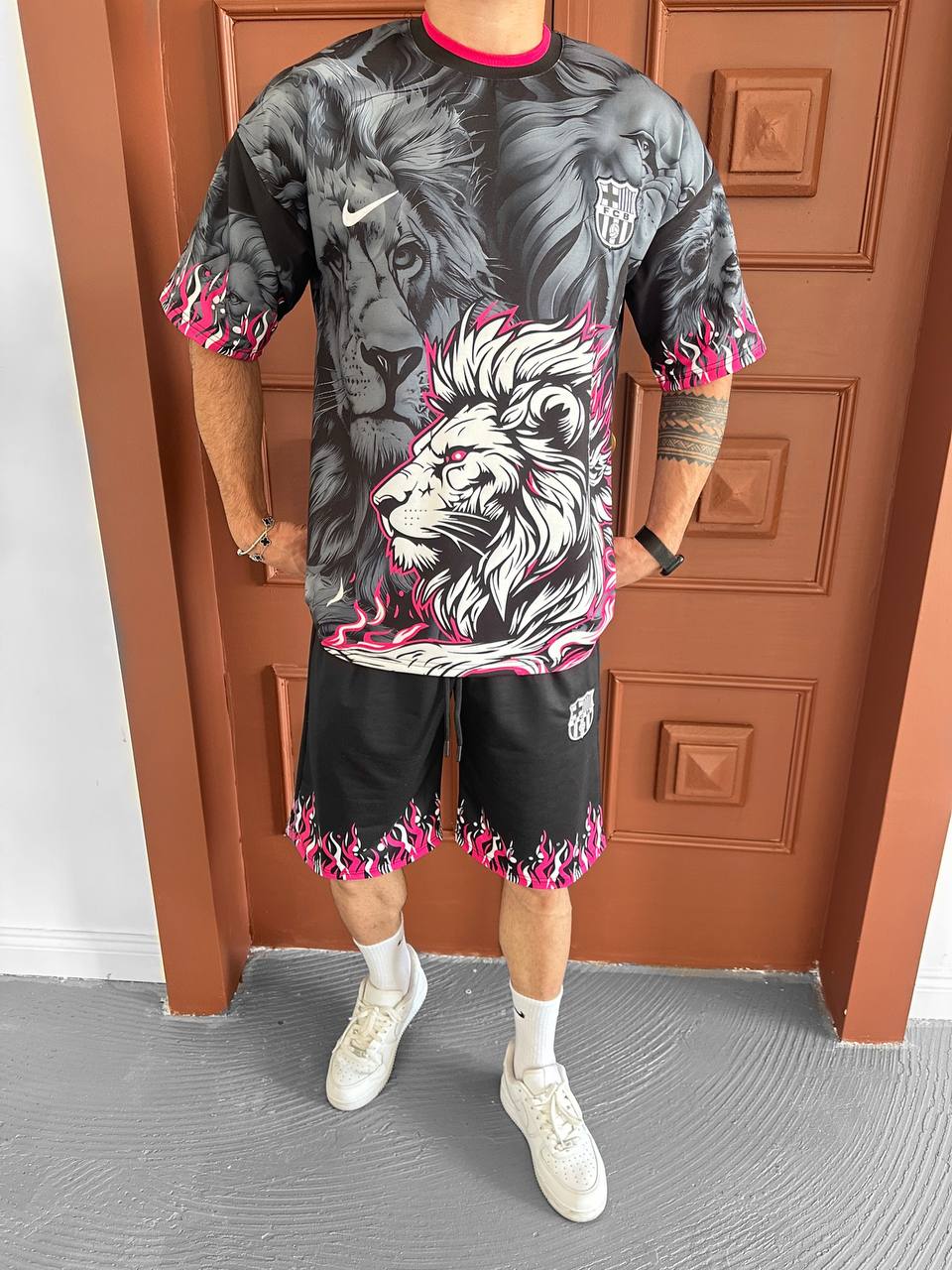 Lion Blaze Men's Graphic Tee & Flame Shorts Set – Fiery Streetwear with Bold Lion Print