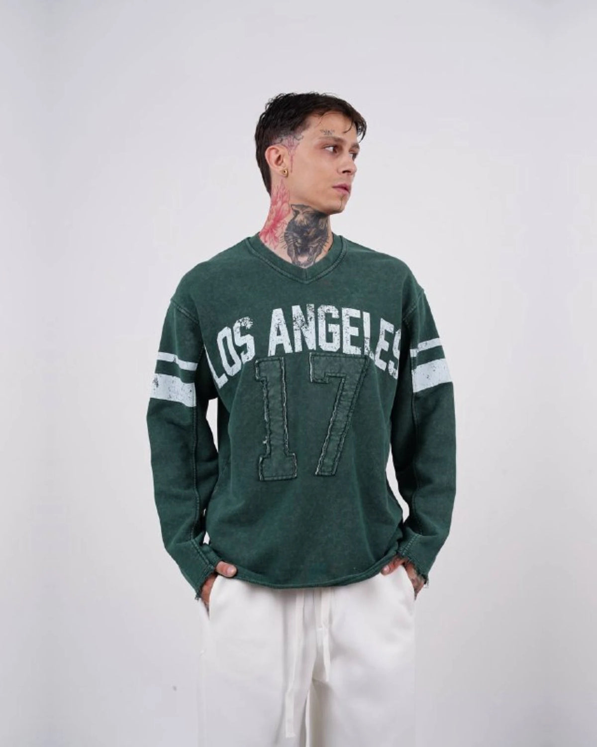 Los Angeles 17 oversized vintage football jersey sweatshirt in forest green, front, three-quarter view