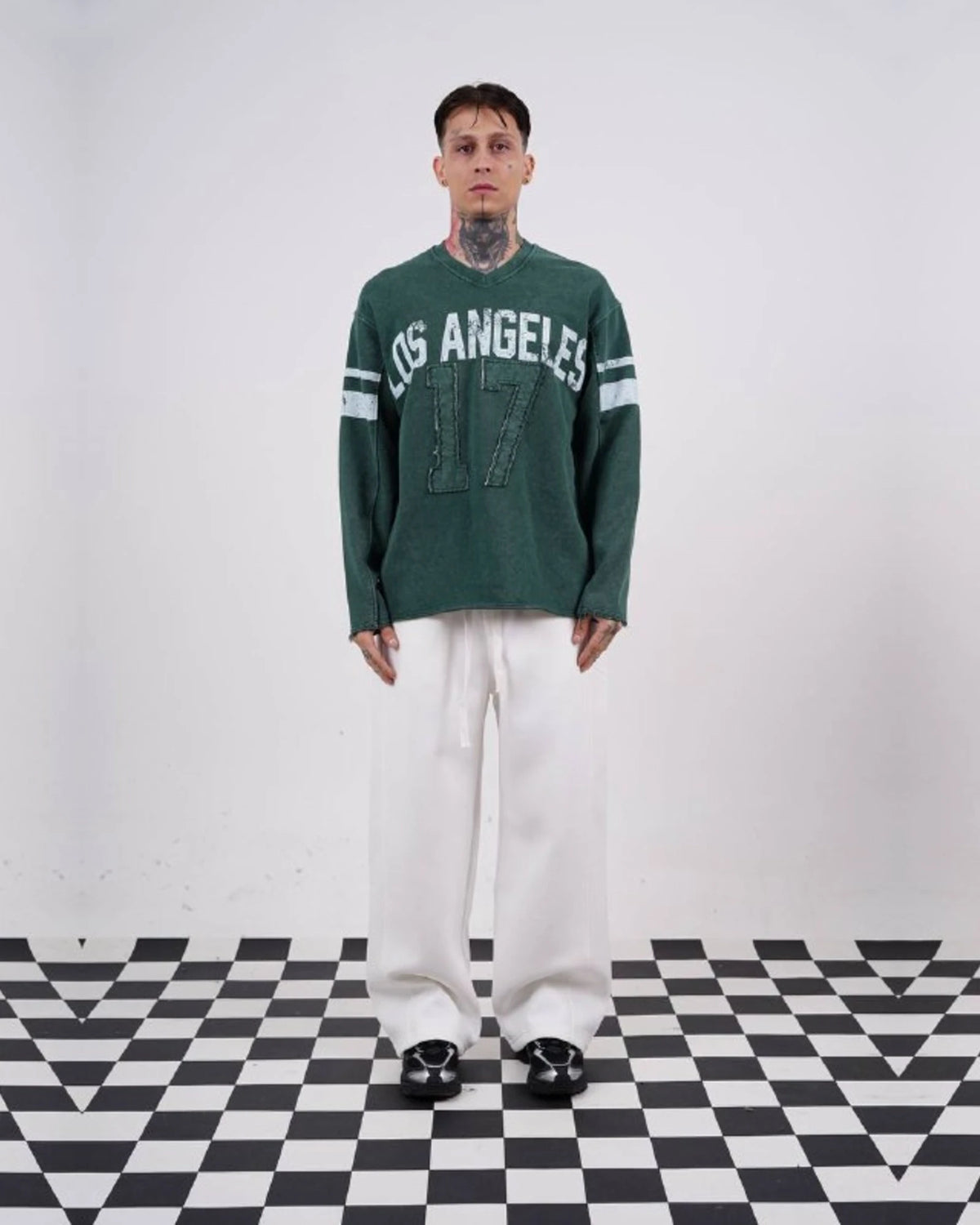 Los Angeles 17 oversized vintage football jersey sweatshirt in forest green, full-length front view