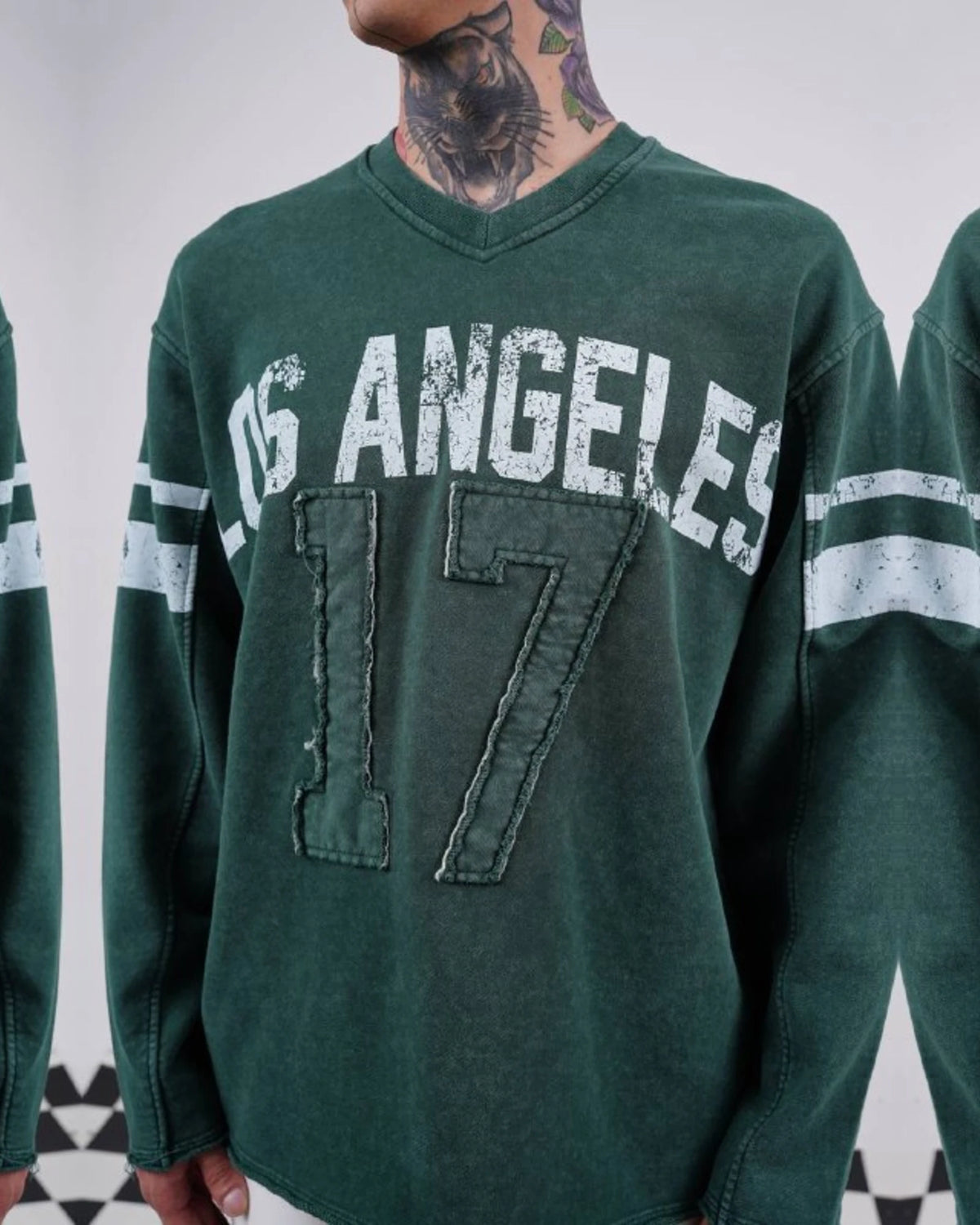 Los Angeles 17 oversized vintage football jersey sweatshirt in forest green, front print detail close-up