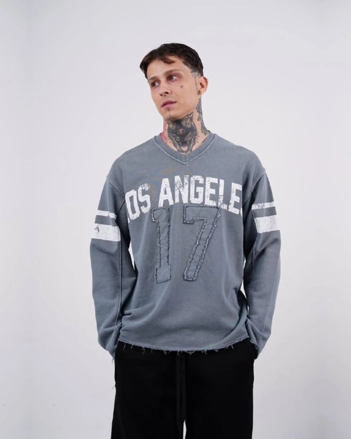 Los Angeles 17 oversized vintage football jersey sweatshirt in slate gray, front, three-quarter view