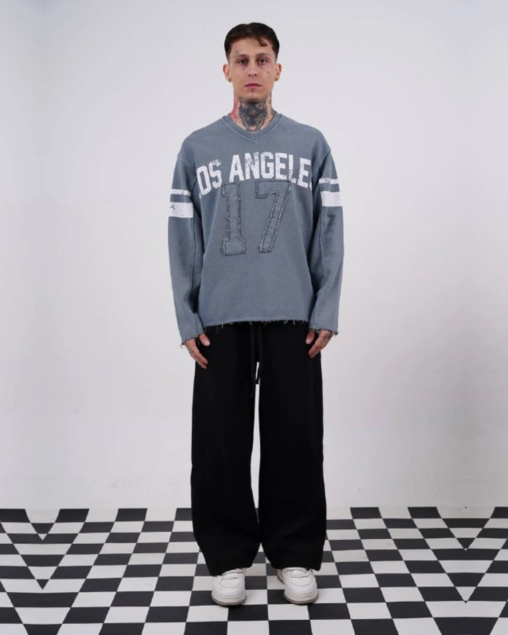 Los Angeles 17 oversized vintage football jersey sweatshirt in slate gray, full-length front view