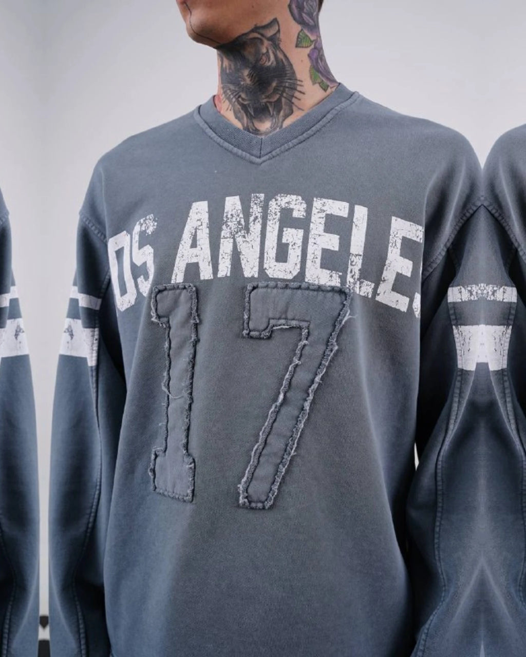 Los Angeles 17 oversized vintage football jersey sweatshirt in slate gray, front print detail close-up